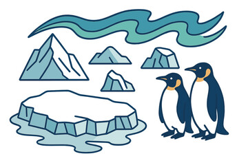 Obraz premium Antarctic wildlife collection with emperor penguins, icebergs, ice floe, and aurora borealis