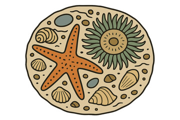 Fototapeta premium Stylized circular composition of starfish, seashells, and sea anemone on beach sand