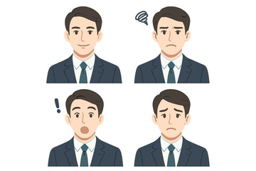Fototapeta premium Four facial expressions of a young businessman showing happiness, worry, surprise, and sadness