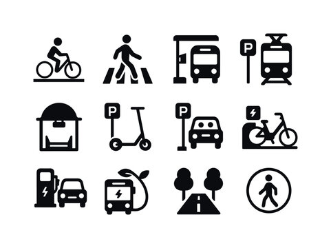 Sustainable Mobility Icons. Sustainable urban mobility. Solid ic