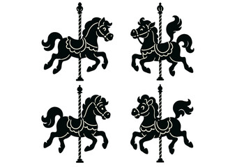 Repeating pattern of four classic carousel horse silhouettes on decorative poles