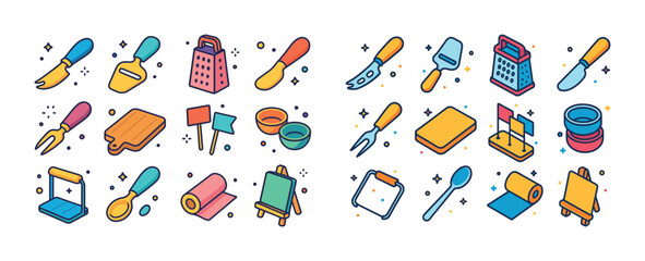 Colorful kitchen utensils collection for cooking and baking enth