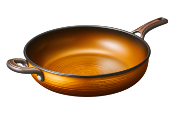 Black cast iron skillet with gold-plated handle, premium cookware style, Isolated to Transparent Background