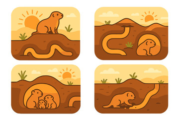 Fototapeta premium Prairie dogs and snakes coexist in a sunny desert landscape showcasing their daily life routines