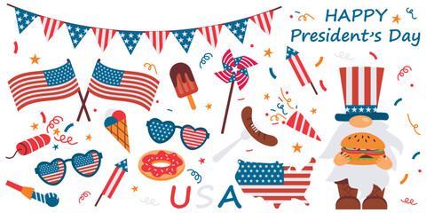 President's Day set featuring traditional American colors. Vector illustrations of flags, garlands, fireworks, and stickers for President's Day celebrations.