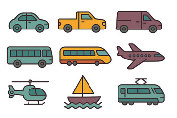 Fototapeta premium Various modes of transportation including cars, buses, and aircraft arranged in a colorful grid layout