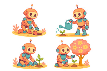 Fototapeta premium Robots engage in planting and caring for small plants in a colorful garden scene
