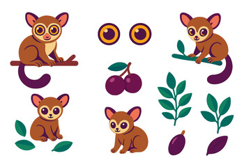 Obraz premium Cute animated characters of small monkeys with big eyes, sitting on branches and surrounded by leaves and fruits in a playful style