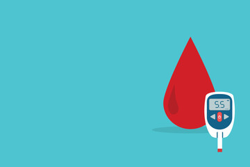 Diabetic glucose measuring device with indication sugar level on a display. High glucose diabetes risk. Glucometer and blood drop
