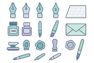 Collection of vintage writing tools including ink and pens arranged on a light background