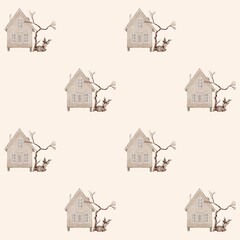 Winter Scandinavian Houses Seamless Pattern &ndash; Digital Watercolor Village Design, Deer 