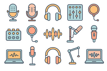 Obraz premium Collection of audio equipment icons featuring microphones, headphones, and sound mixers for music production