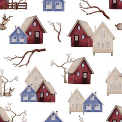 Winter Scandinavian Houses Seamless Pattern &ndash; Digital Watercolor Village Design, Deer and Branches