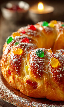 A close-up of Rosca de Reyes candied fruit, the glistening, vibrant colors of candied fruit, the texture of sugar-dusted dough, and the warm, soft lighting of a bakery. Feast of the Three Kings