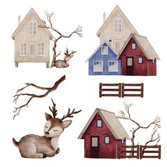 Winter digital Watercolor Clipart Set &ndash; Scandinavian Houses, Deer and Branches