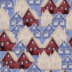 Winter Nordic Village Seamless Pattern &ndash; Watercolor Houses Background