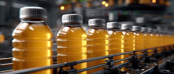 Sunflower oil bottles move down a production line with high-tech machinery that shows precision and modern design in a factory setting