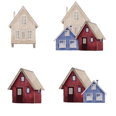 Winter digital Watercolor Clipart Set &ndash; Scandinavian Houses