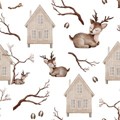 Winter Scandinavian Houses Seamless Pattern &ndash; Digital Watercolor Village Design, Deer and Branches