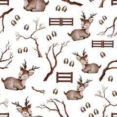 Winter Seamless Pattern &ndash; Digital Watercolor  Deer and Branches