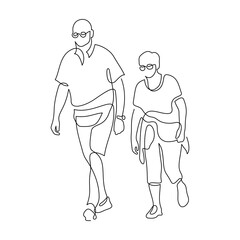 Elderly couple walking one line illustration