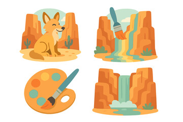 Colorful desert landscape with a playful coyote and an artist's palette