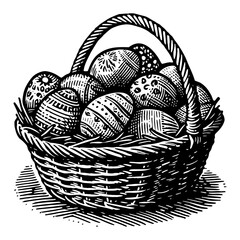 Fototapeta premium Wicker Basket Filled With Ornate Patterned Easter Eggs On Straw Detailed Black And White Illustration