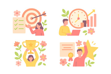 Naklejka premium Illustrations depicting achievement, productivity, and success in a vibrant floral setting with diverse activities