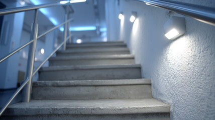 Modern concrete stairs with metal railings in a lit hallway