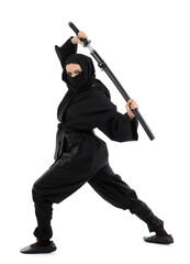 Female ninja warrior in black kimono holding katana sword in dynamic action pose, martial arts training and self-defense © Pixel-Shot