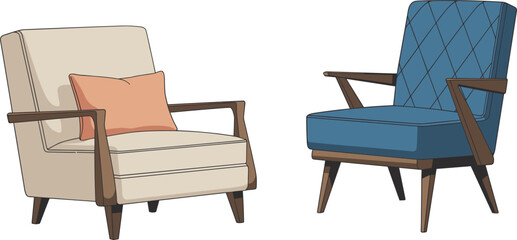 Vector set of two mid-century modern armchairs, furniture illustration with wood frame, comfort, and interior design