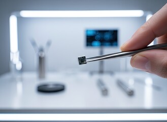 Close up of a human hand holding a tiny electronic microchip with tweezers in a modern laboratory setting with blue screen monitor in background