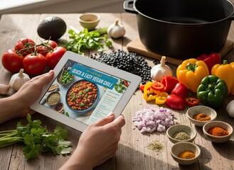 Person Holding Tablet Showing Chili Recipe Surrounded by Fresh Ingredients and Spices on Wooden Table Illuminated by Warm Light