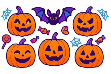 Colorful Halloween decorations featuring pumpkins, bats, and candy for a festive celebration in autumn