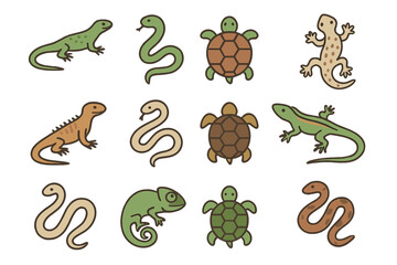 Obraz premium Colorful illustrations of reptiles and amphibians featuring lizards, snakes, turtles, and chameleons on a white background