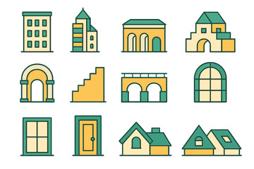 Fototapeta premium Various architectural designs showcasing buildings, windows, and doorways in a simplified style