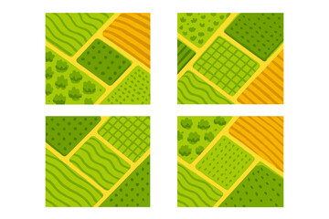 Overview of colorful farm fields with various crops and patterns during the sunny daytime in a rural setting