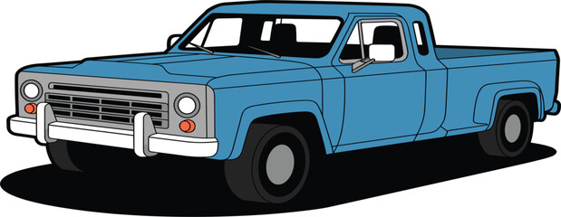 Vector illustration of a blue vintage pickup truck, classic retro automobile drawing, and farm transportation design