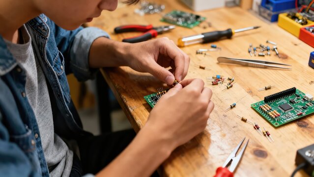A young person assembling an electronic circuit board by inserting a resistor. Close-up of hands working on a DIY electronics project in a workshop. STEM education and technology hobby concept