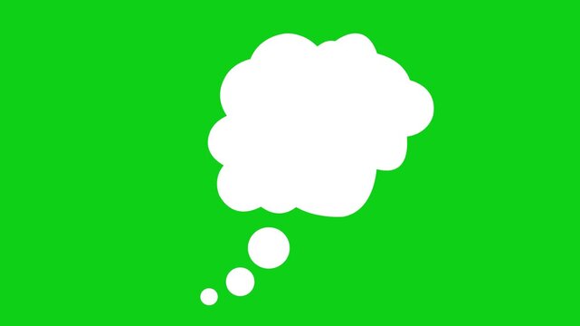 Animated white thought bubble forming and dissolving with three small circles on a green screen background, communication, ideas, thinking process, or speech balloon