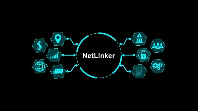 Net Linker Digital Network with Business and Technology Icons on Black Background NetLinker. 4k video animation
