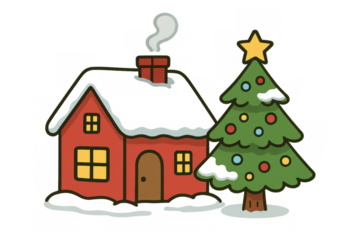Cozy christmas house with snow on roof and decorated holiday tree greeting winter season on transparent background