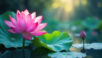 Vibrant hues paint serene lotus scene; classic Chinese brushstrokes Peaceful nature's elegance , soft, pond, asian art