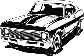 Vector illustration of a black and white vintage muscle car, classic retro automobile drawing and transportation design