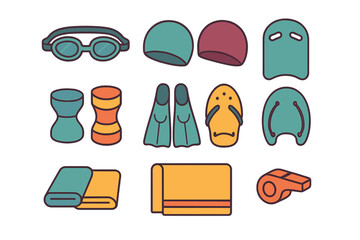 Swimming gear collection displayed on a flat surface showcasing essentials for pool or beach activities
