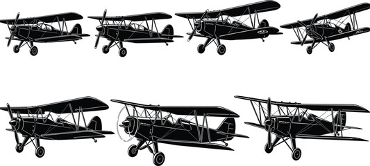 Vector Silhouette Set of Classic Vintage Biplanes and Old Propeller Aircraft, Side View, Representing Early Aviation, Historical Warplanes, and Retro Flight Technology Graphics © MdMojibar