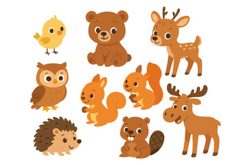 Cute cartoon animals gathered in a playful scene featuring a chicken, bear, deer, and more in a colorful forest setting
