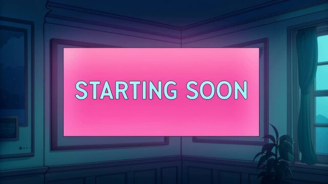 Stream starting soon screen with animated virtual overlay loop concept. Twitch zoom vtuber asset for cozy lo-fi living room with Japanese town view.