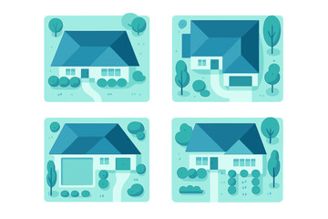 Fototapeta premium Four modern houses with gardens in a serene setting, showcasing various architectural designs and landscaping