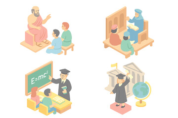 Educational themes depicted through diverse scenes of teaching, learning, and graduation in an imaginative style